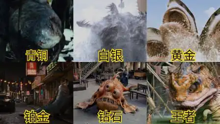 假如影视中变异鱼有段位,黄金五头鲨十分暴躁,王者直接弹跳在空中