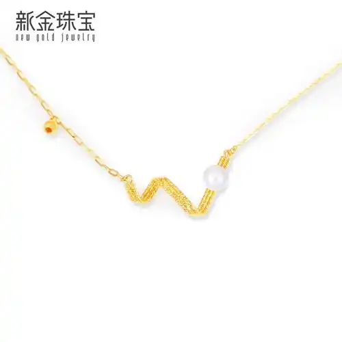 新金珠宝黄金镶珍珠项链女5g闪耀金波浪s形套链足金999金珠百搭1042