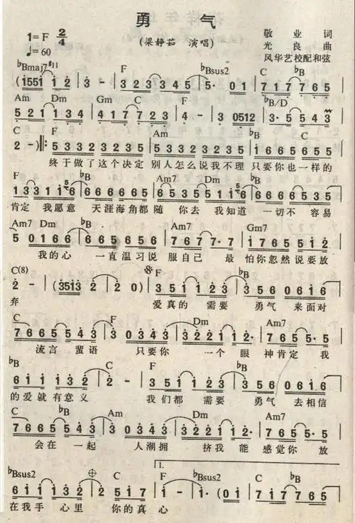 勇气 梁静茹 歌谱 简谱