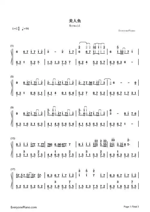 美人鱼-林俊杰双手简谱预览1