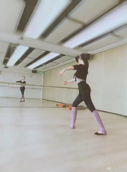 照片中,刘亦菲身穿黑色练功服,梳着马尾辫,在练习室里对着镜子练习