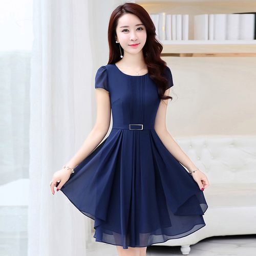 s深依度2020夏装新款大码女装春夏季时尚圆领短袖雪纺连衣裙 1668