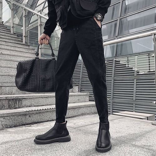 裤子男士休闲小脚裤男春秋款纯黑色百搭痞帅马丁靴修身束脚牛仔裤