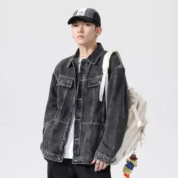 夹克男外套青年男士复古潮牌宽松简约休闲男装韩系牛仔外套上衣黑色m