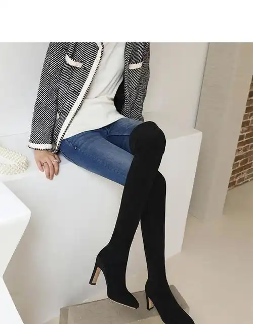 长筒过膝超长大腿靴女王尖头细跟性感高跟弹力秋冬靴大码长靴 米白色