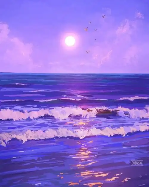 画师shinsyl 作品,一组粉紫色系风景插画,迷幻且令人心醉