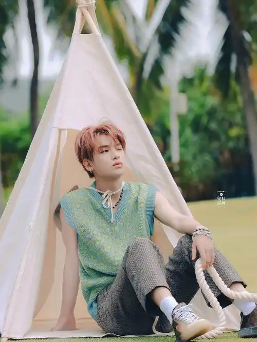 黄明昊这组绿色毛衣马甲的照片真的好夏天