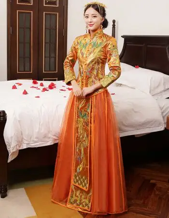 同款秀禾服新娘2018新款新郎中式礼服结婚敬酒服唐装夏 陈妍希橘色款