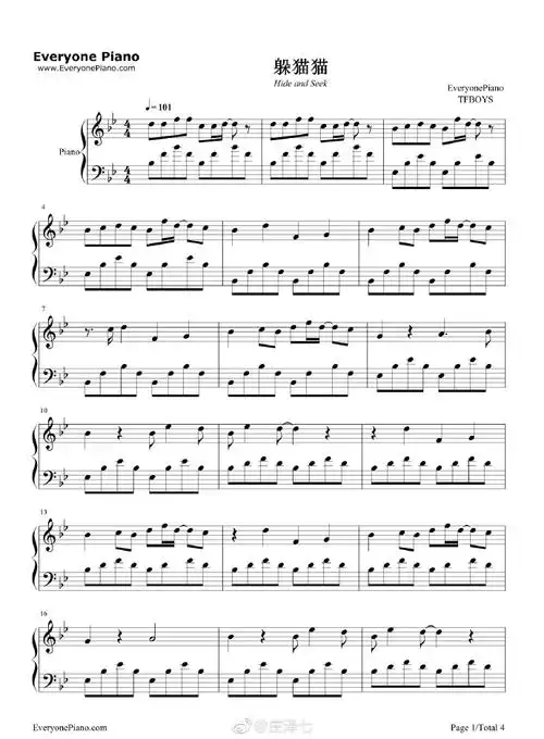 躲猫猫-tfboys-钢琴谱双手简谱&五线谱#tfboys