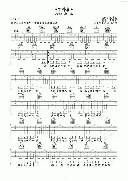 丁香花吉他谱(图片谱,弹唱)_唐磊_《丁香花》高清六线谱(附独奏形式