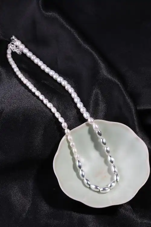 复古高级感纯银拼接天然淡水小米粒珍珠项链女小众轻奢气质颈链