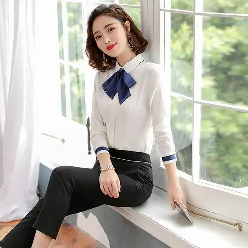 雪纺衬衫女中袖夏2019新款百搭制服七分袖韩版上衣职业装修身工作服