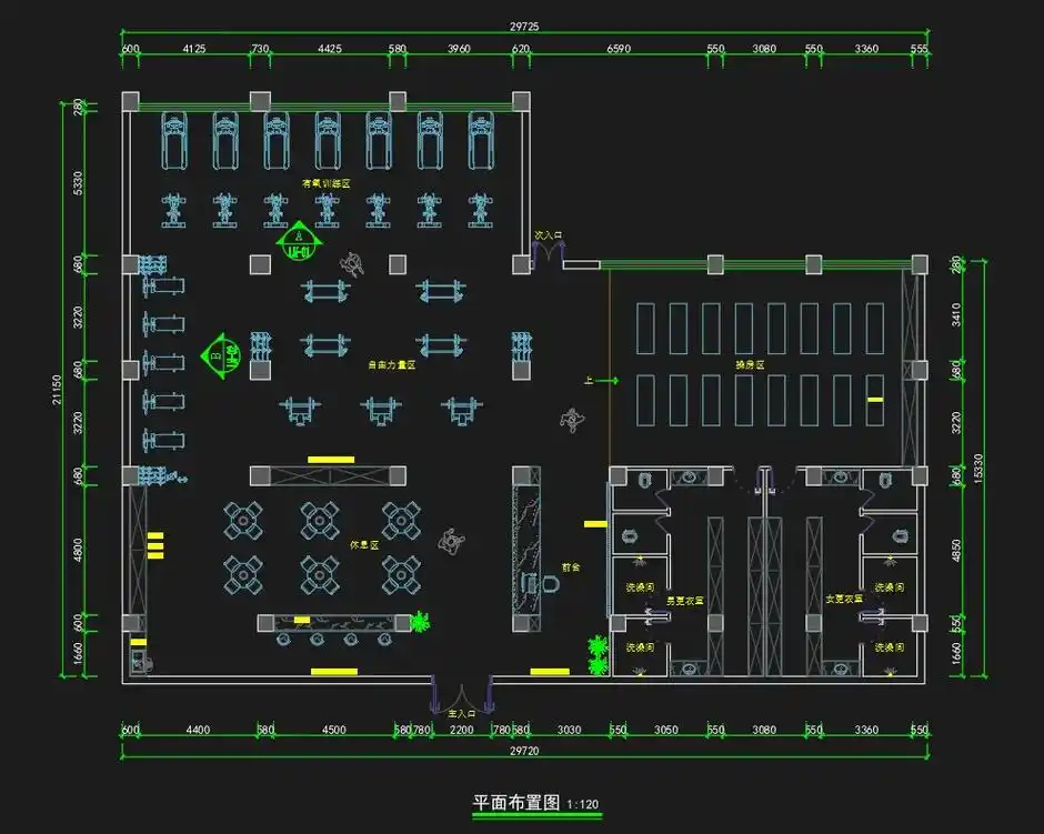 550m0592健身房平面方案|施工图03.76功能区分布:主入 - 抖音