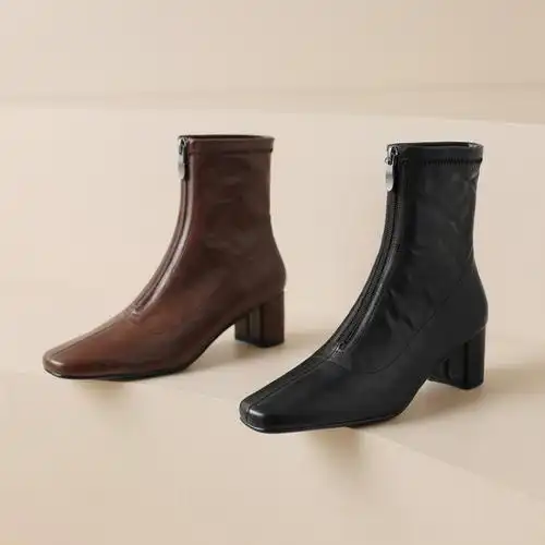 真皮女靴秋冬季新款百搭裸靴跨境外贸中跟黑色皮靴粗