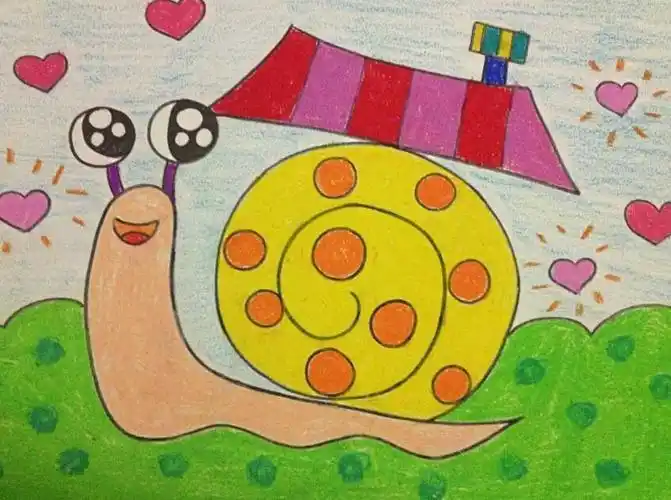 动物简笔画  儿童画蜗牛图片  儿童画蜗牛图片幼儿蜡笔画作品小