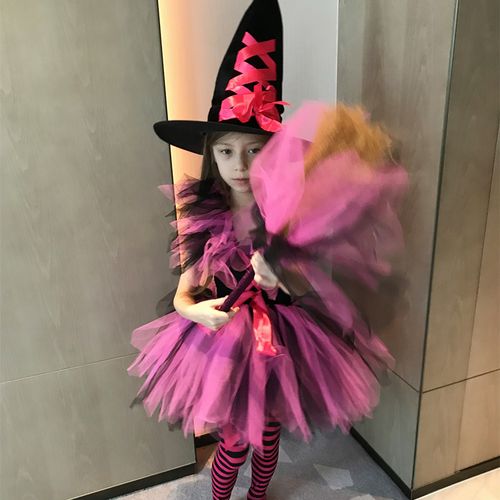 儿童万圣节演出演出服服装女童魔法女巫帽子扫把儿童演出服