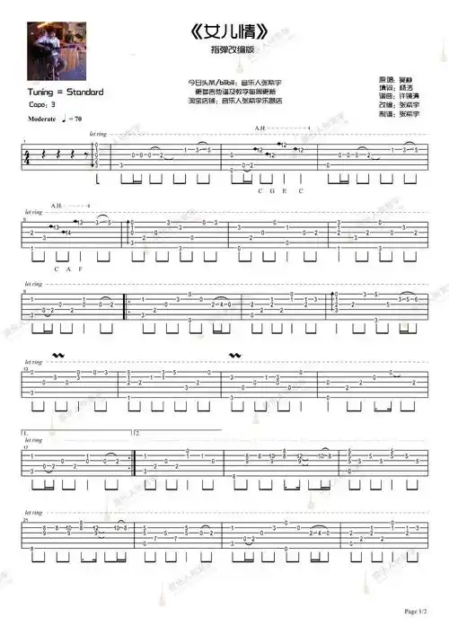 女儿情指弹吉他谱张紫宇改编独奏六线谱指弹吉他视频