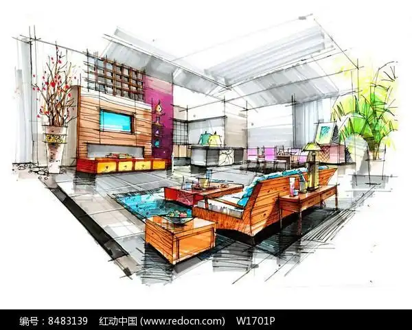 客厅手绘透视图