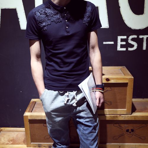 港风原创潮流男装2015夏季蕾丝拼接短袖t恤男修身韩版翻领t恤男潮