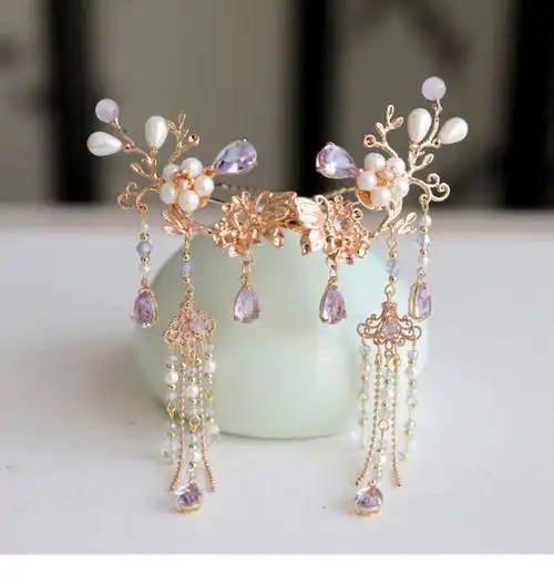 复古风发饰流苏步摇发簪汉服头饰套装公主宫廷发冠金钗令耳夹款红色一