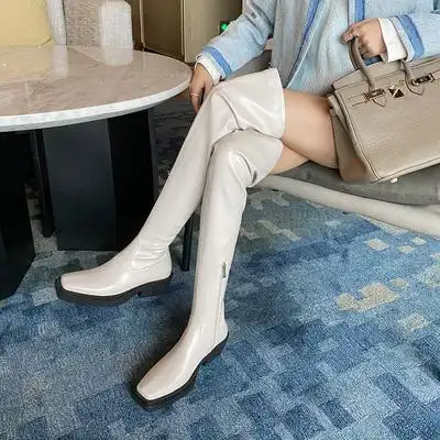 巨显瘦大长腿过膝弹力靴女粗跟秋冬新款方头高筒靴白色超长长靴