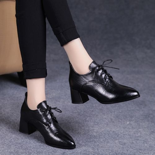 真皮意尔康单鞋女中粗跟系带小皮鞋女深口百搭女鞋春秋软皮高跟鞋