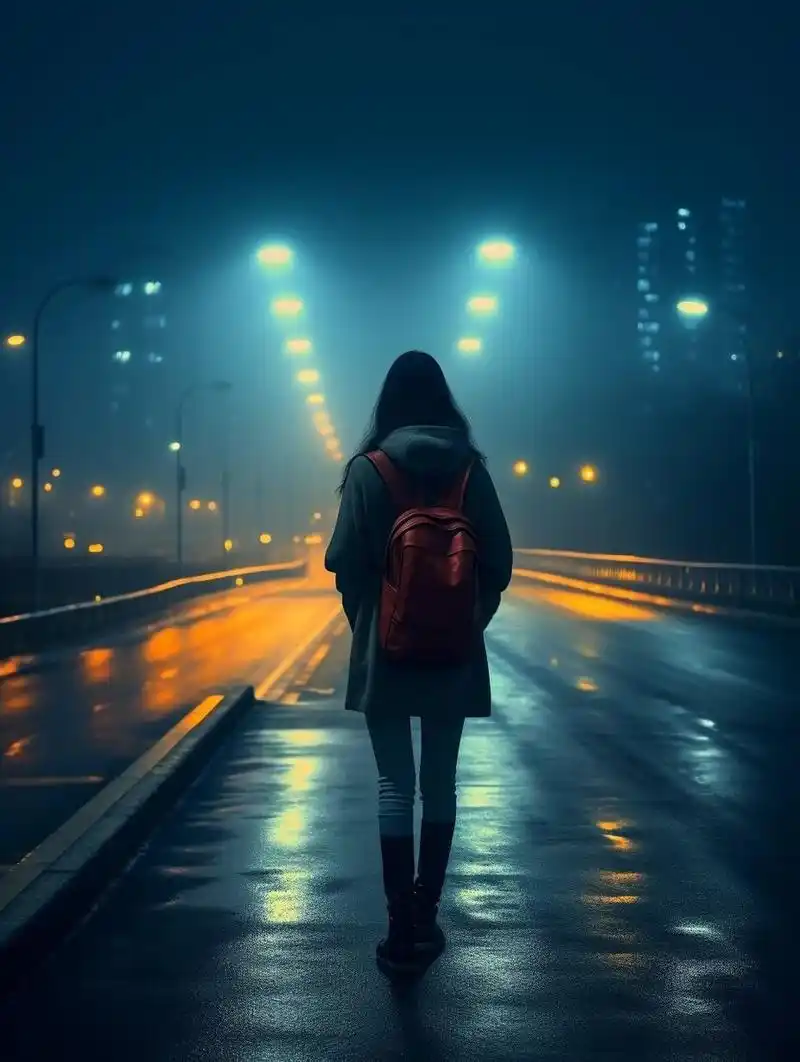 伤感 夜景情绪 背影  一个人默默走在路上听着歌,这世界与我无关