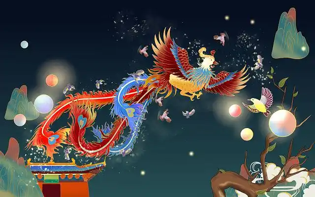 百鸟朝凤凤凰国潮鸟建筑树枝