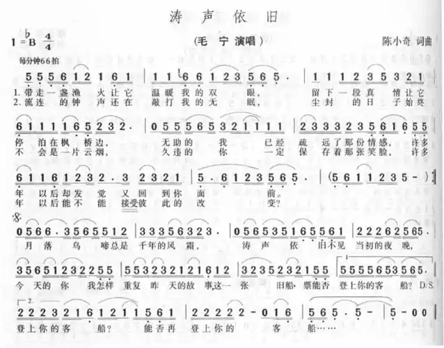 《涛声依旧-毛宁(简谱)》吉他谱
