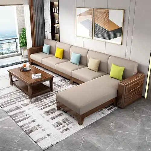 沙发胡桃木实木四人贵妃木布框架组合茶几中式实木沙发