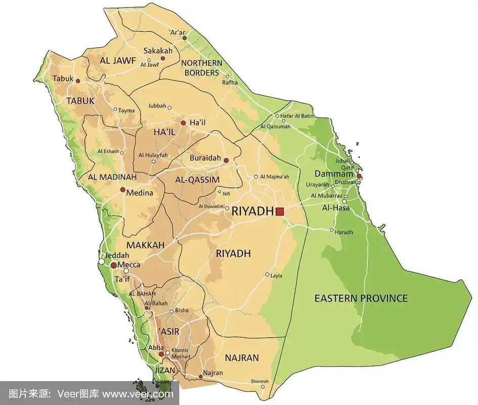 高详细的沙特阿拉伯物理地图与标签.