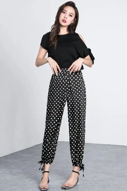 灯笼裤女2019夏季新款九分休闲宽松显瘦松紧腰波点收脚哈伦裤