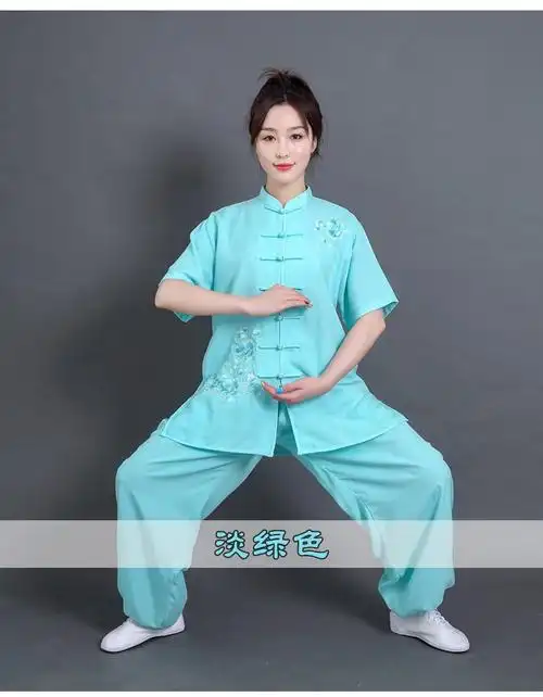 时尚新款绣花女装亚麻棉麻透气太极拳练功服装夏季开衫短袖粉色绣花xs