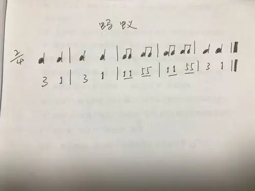 3,用简谱记蚂蚁简谱,有拍号2/4拍,小节线,终止线.