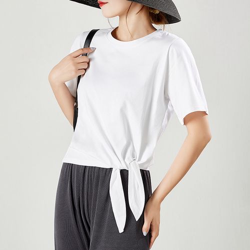 2022春夏季新圆领短袖女宽松短款下摆打结百搭打底衫洋气露脐t恤
