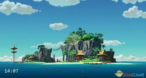 是一款清新风格的记时动态壁纸,画面是世外的美丽小岛在白天的场景,左