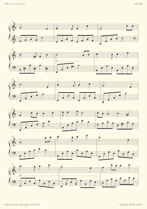 《天空之城,钢琴谱》张淼(五线谱 钢琴曲 指法)-弹吧|蛐蛐钢琴网