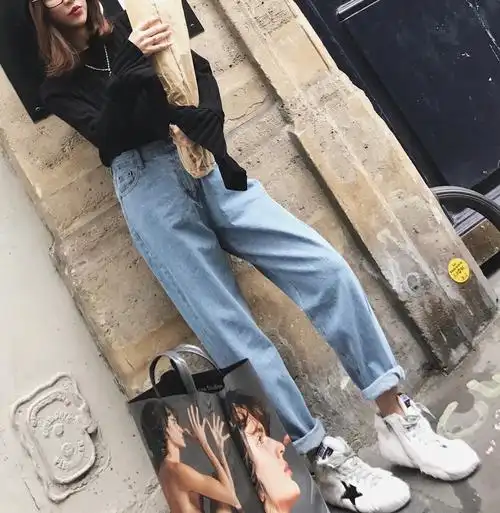 钱夫人chinstudio复古高腰浅色牛仔裤女百搭学生宽松显瘦休闲长裤