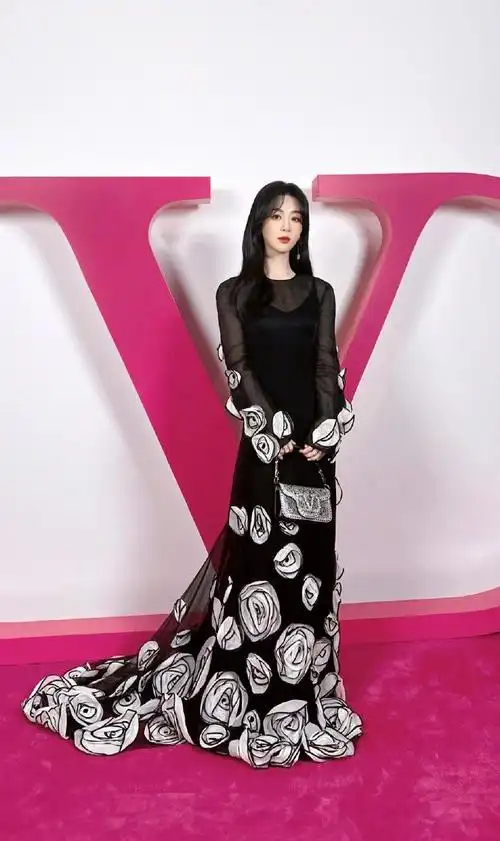 杨紫立体玫瑰黑纱长裙温柔典雅妆容精致状态好