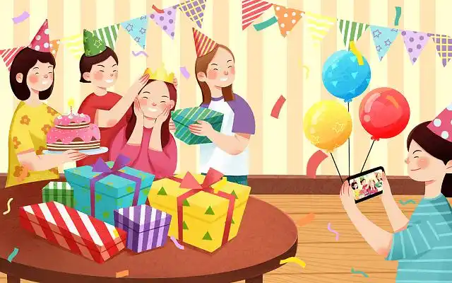 卡通手绘生日派对聚餐合影原创插画动物生日会