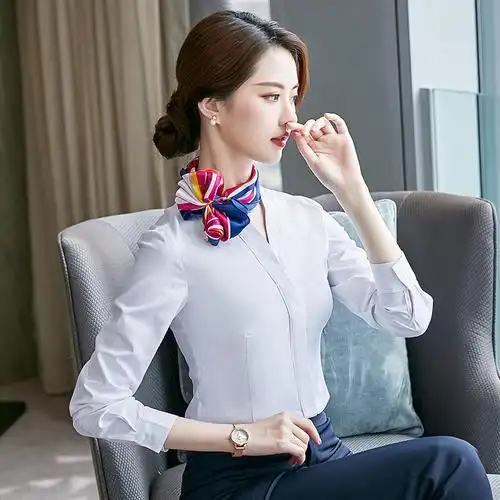 新款韩版南航空姐白衬衫女v领长袖工作服修身空乘面试装制服衬衣