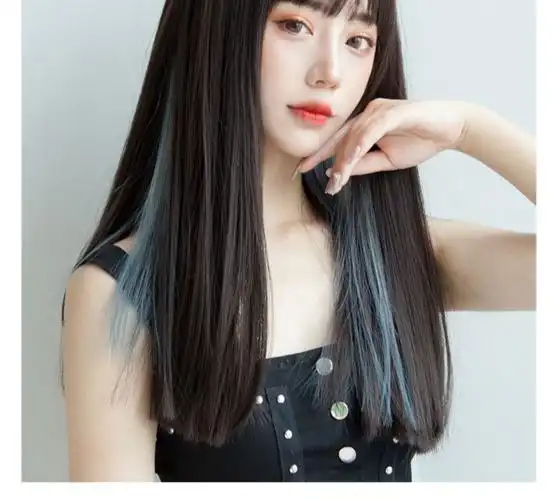 挂耳挑染直发假发女 空气刘海自然全头套黑长直发 中长发假发套