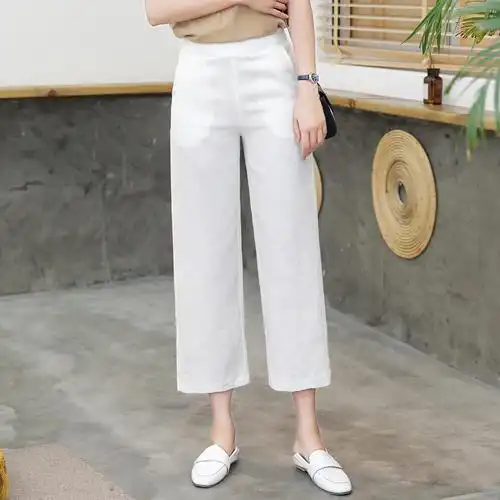 亚麻女裤2018夏季阔腿裤女薄款宽松直筒裤休闲裤子棉麻高腰九分裤- 优