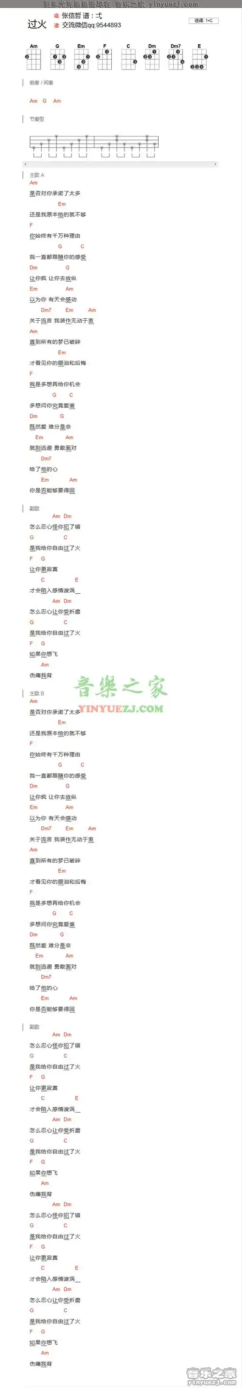 c调版 张信哲《过火》尤克里里弹唱谱