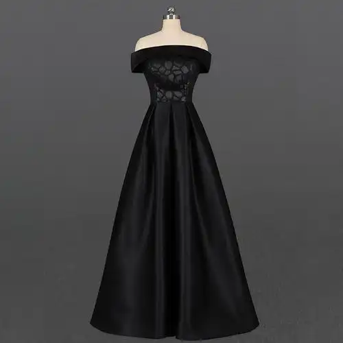 定制高端黑色一字肩缎面长裙晚礼服无袖a字裙优雅气质婚礼聚会