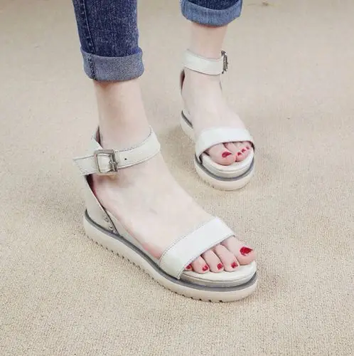 2015夏季新款平底凉鞋松糕凉鞋女欧美通勤厚底坡跟露趾真皮罗马鞋