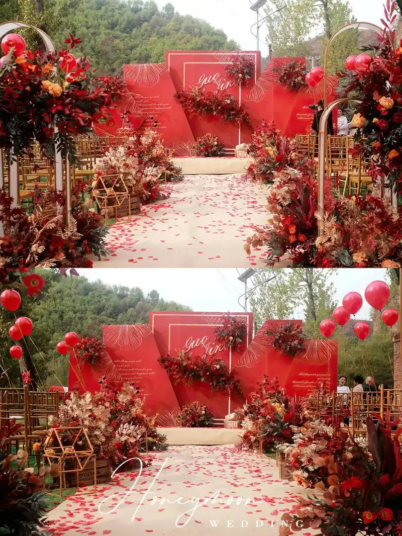 6980丨家门口的户外小众婚礼布置.经典复古的红色系婚礼 配 - 抖音