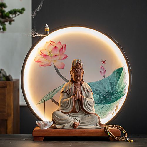陶瓷祈福观音佛像摆件灯背景家用双手合十观世音菩萨像供奉工艺品