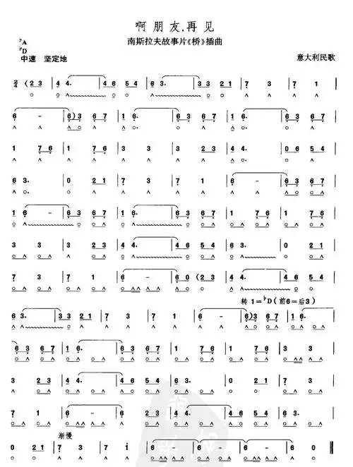 啊朋友,再见 歌谱简谱网