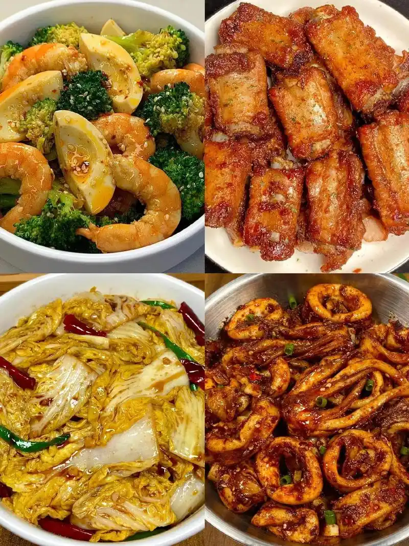 简简单单的家常菜美食来了.凉拌虾仁鸡蛋西兰花,椒盐排骨,醋溜娃娃菜